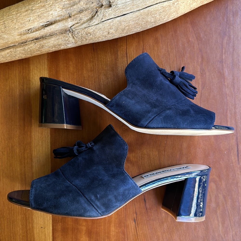 Karl Lagerfeld Navy Suede Tassel Block Heel Mules - Picture 5 of 8